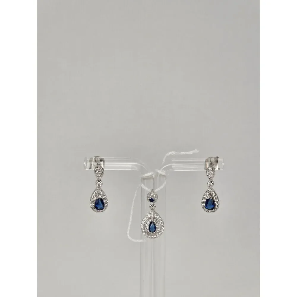 Sparkling Blue and Clear Stone Teardrop Earrings & Pendant Set
